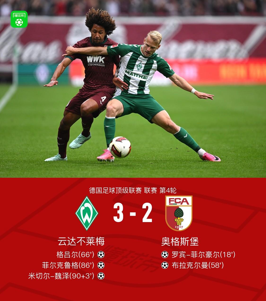 不莱梅3-2绝杀奥格斯堡，米切尔-魏泽读秒制胜
