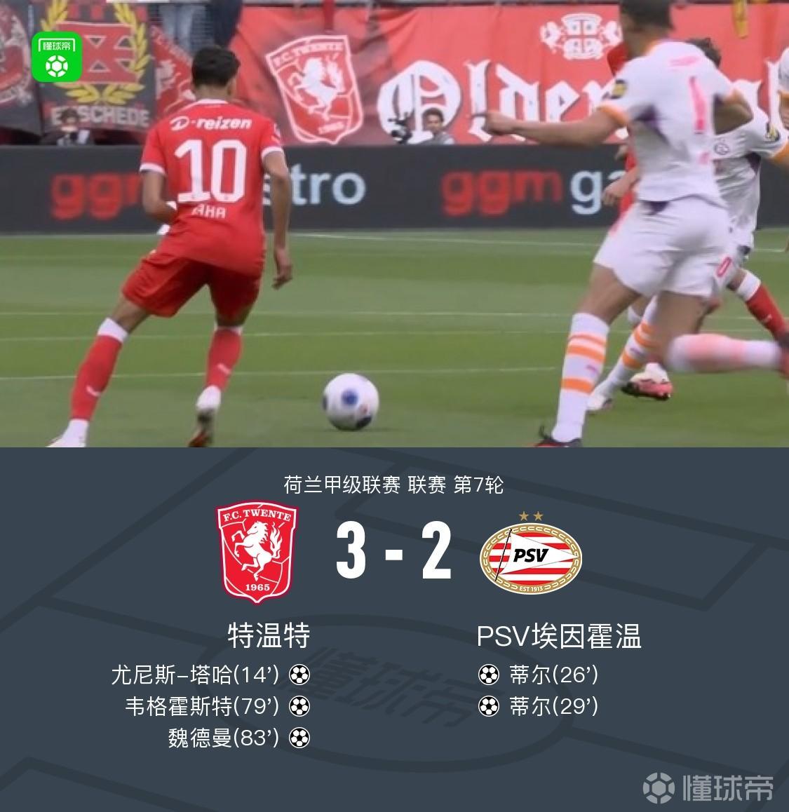 特温特3-2埃因霍温，魏德曼、韦格霍斯特建功，蒂尔双响