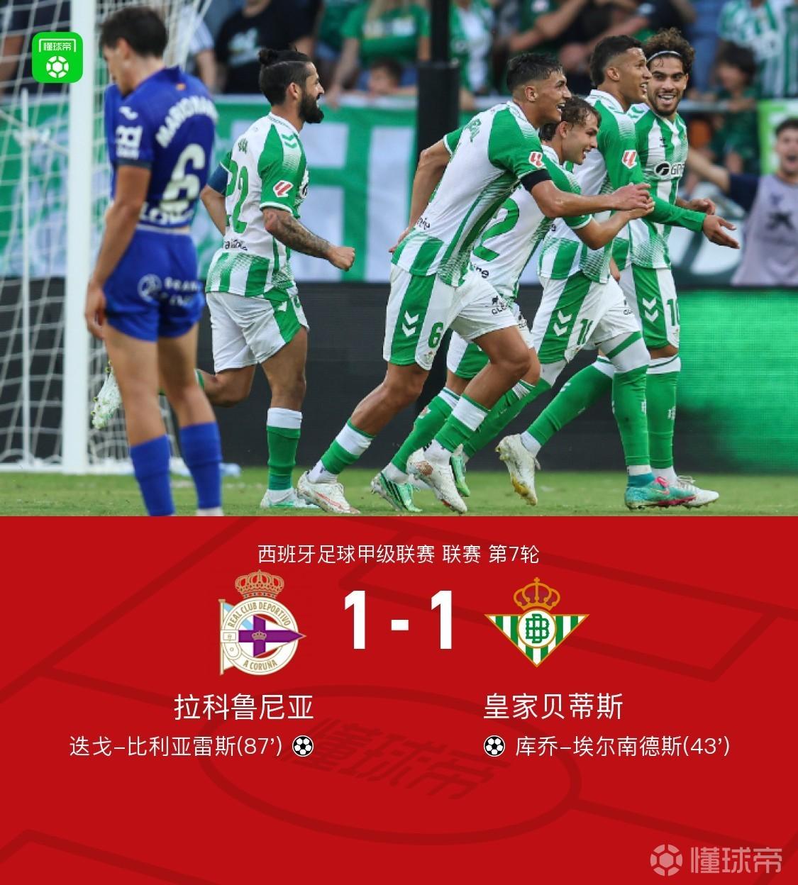 拉科鲁尼亚1-1贝蒂斯，库乔-埃尔南德斯破门，比利亚雷斯绝平