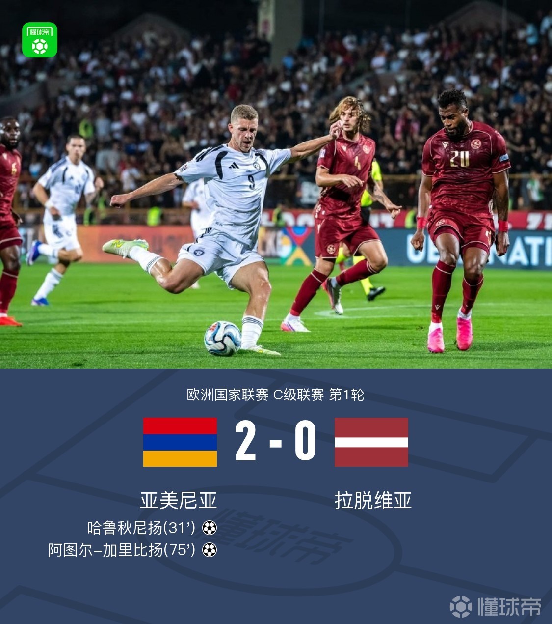 亚美尼亚2-0拉脱维亚，哈鲁秋尼扬建功，阿图尔-加里比扬破门