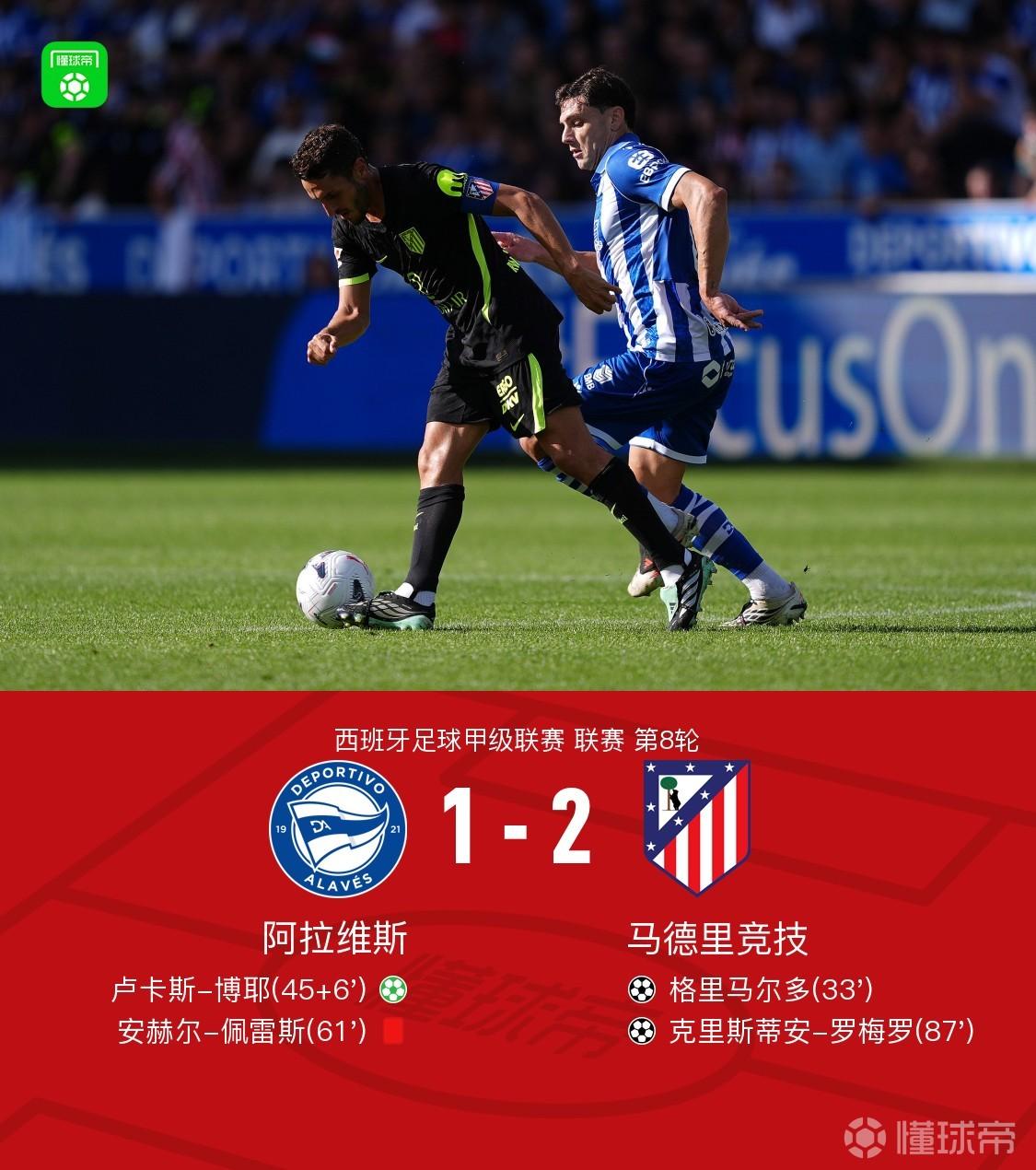 马竞2-1十人阿拉维斯，罗梅罗处子球，安赫尔-佩雷斯飞铲染红