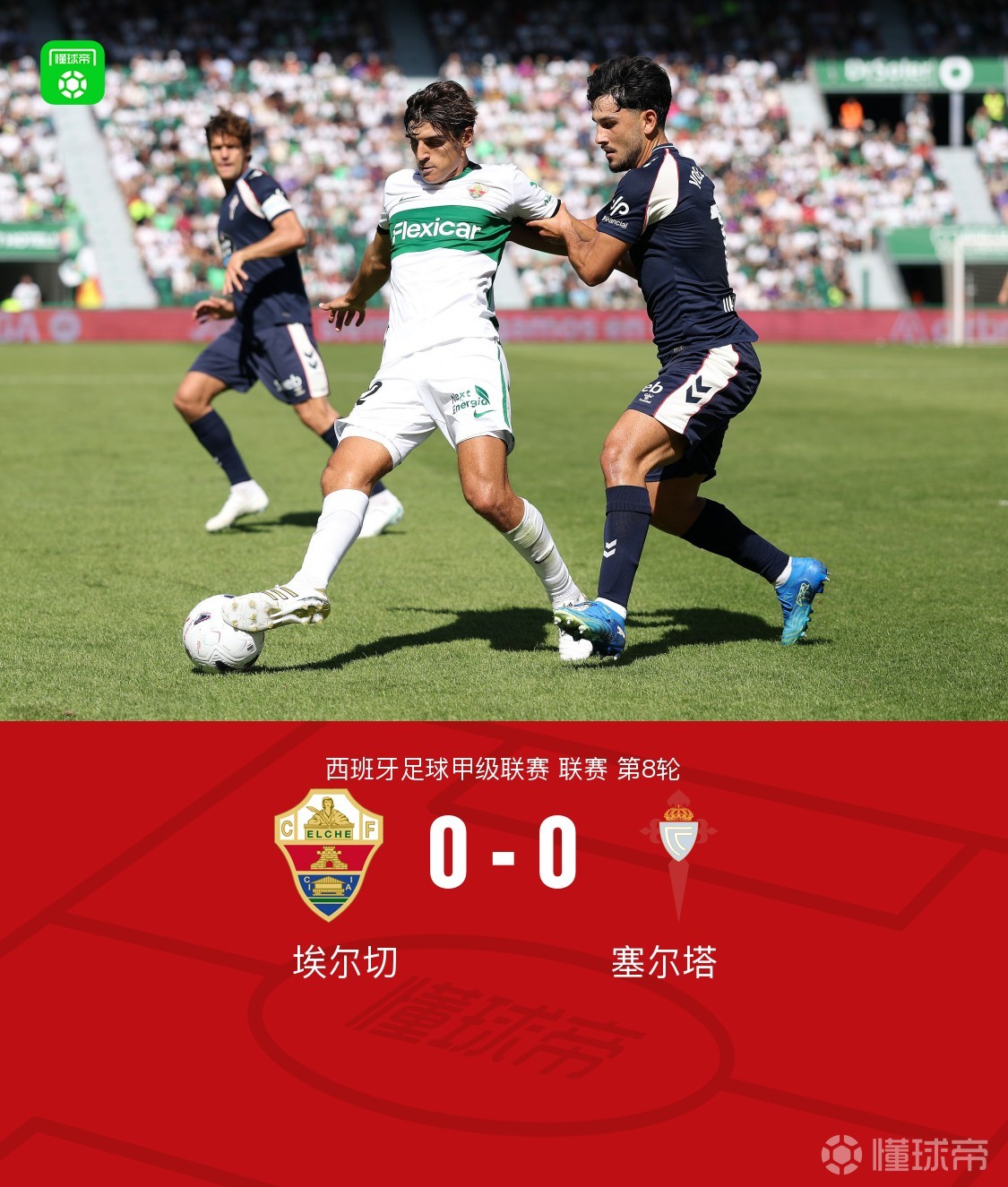 埃尔切0-0闷平塞尔塔，德里乌赫错失绝杀，塞尔塔全场0射正