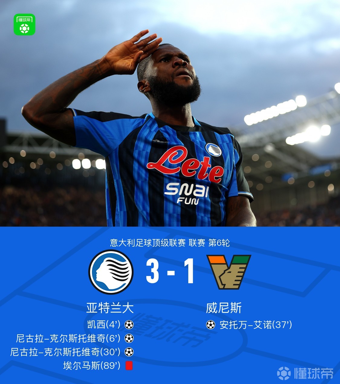 亚特兰大3-1威尼斯，克尔斯托维奇两射一传，埃尔马斯直红