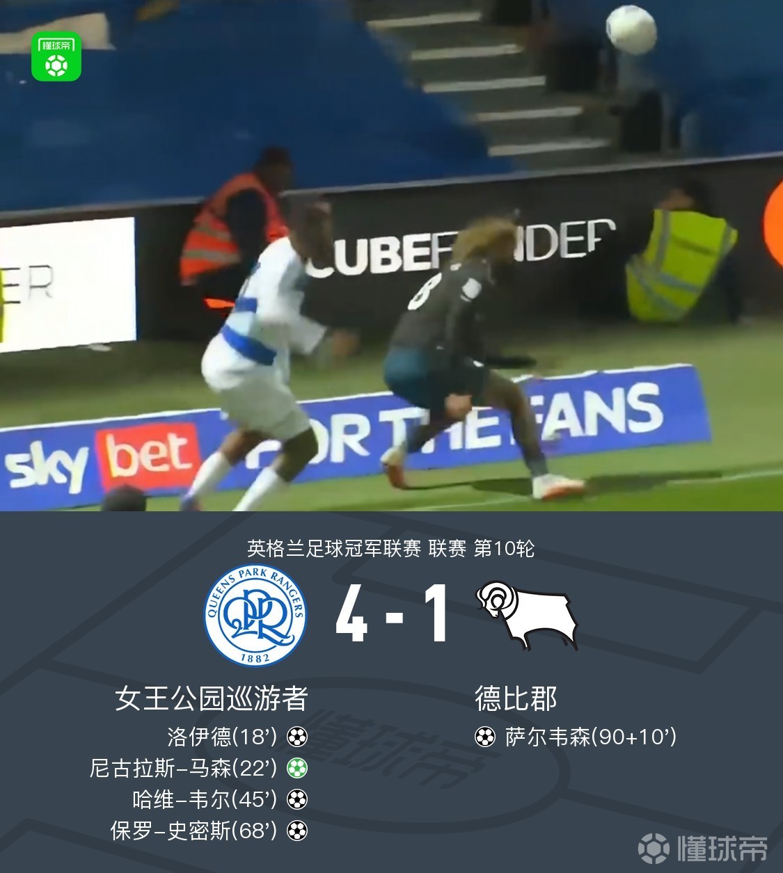 女王公园4-1德比郡，尼古拉斯-马森点射，保罗-史密斯建功