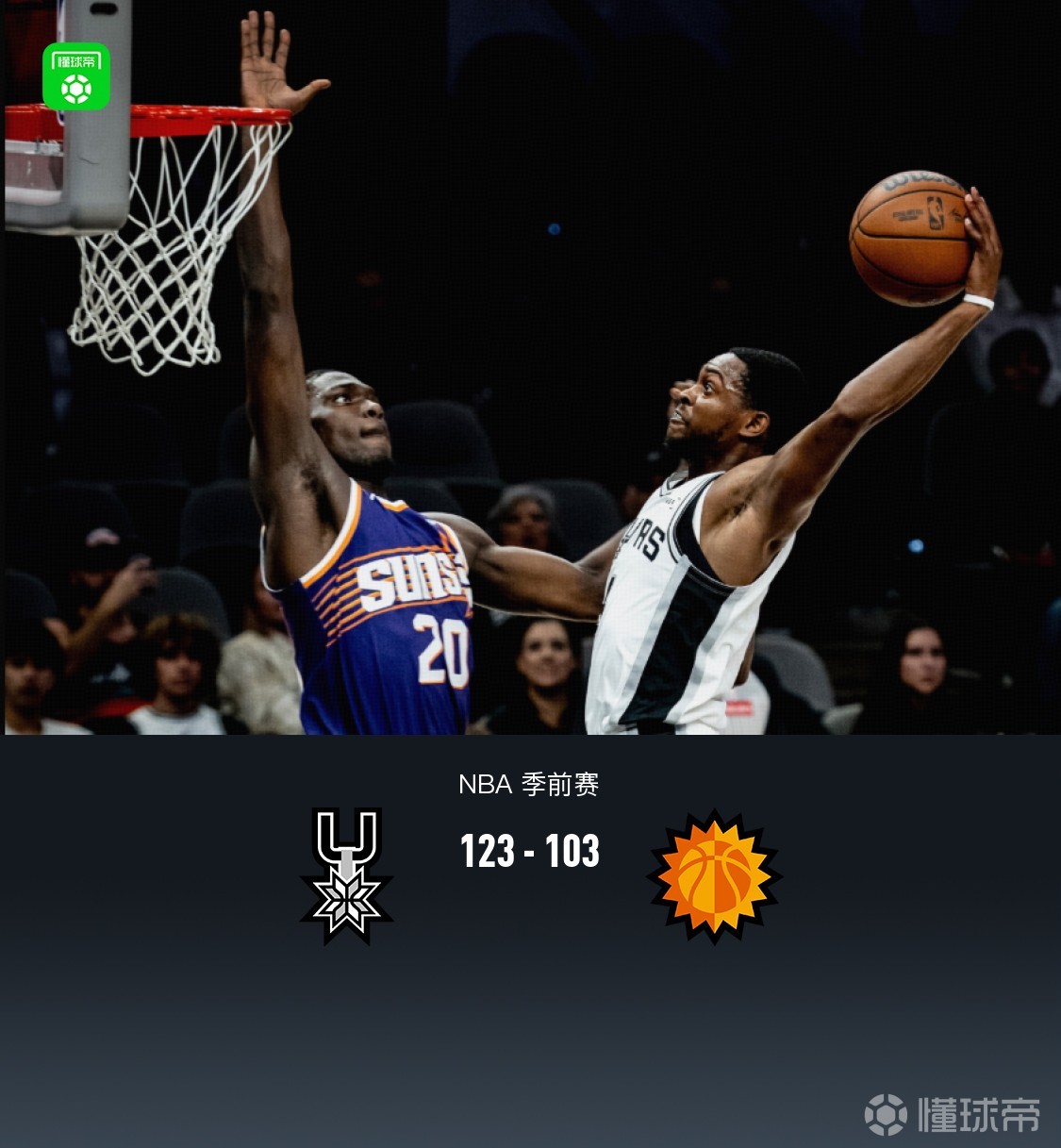 马刺123-103轻取太阳，文班亚马19+4+3，卡斯尔18分