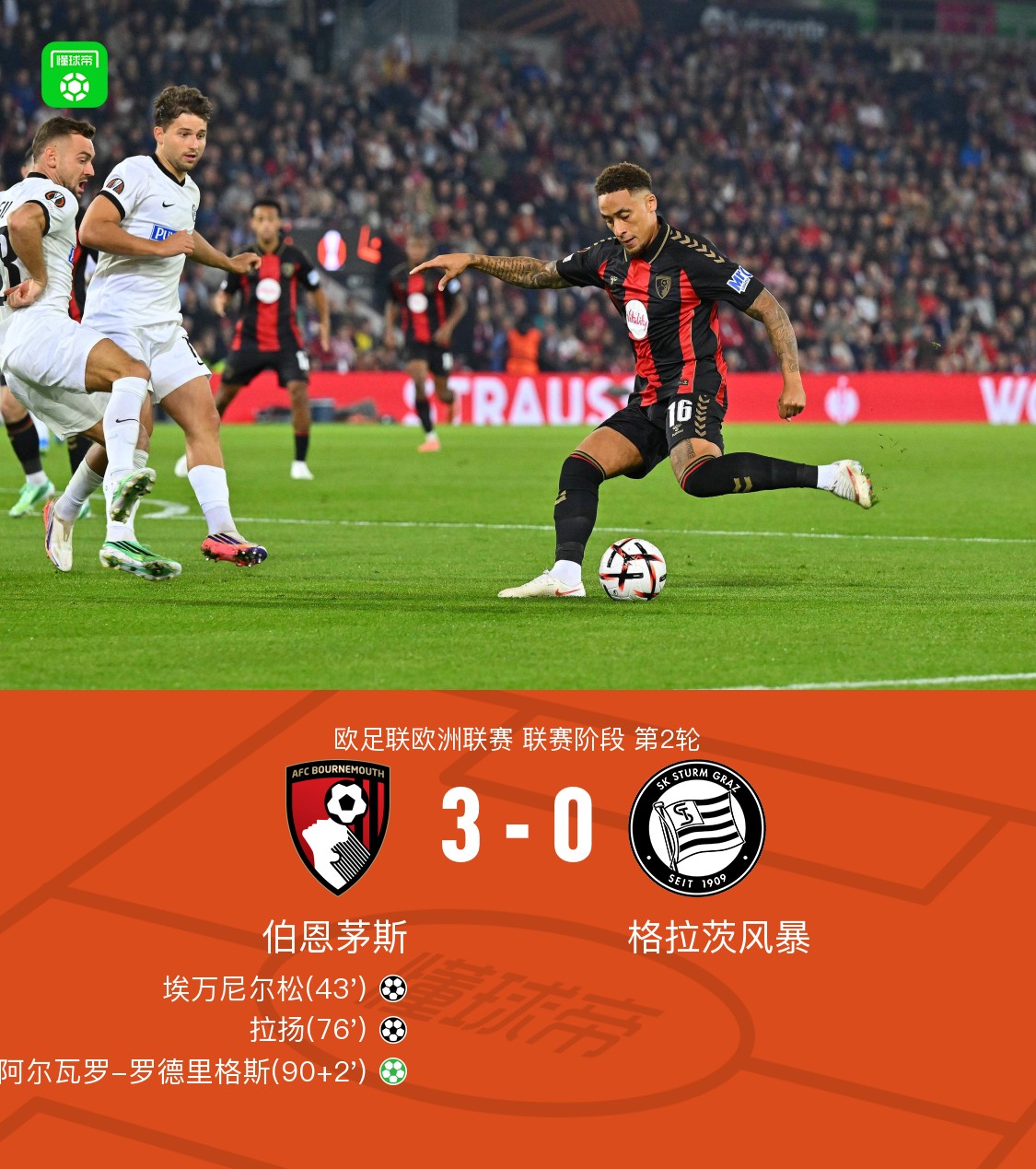 伯恩茅斯3-0格拉茨风暴，埃万尼尔松神仙球，拉扬、阿尔瓦罗建功