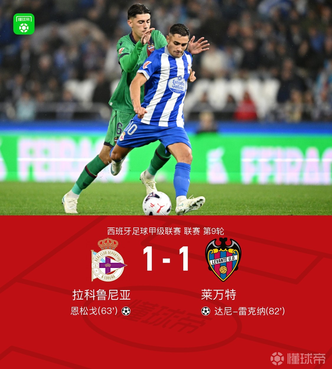 拉科鲁尼亚1-1莱万特，恩松戈破门，达尼-雷克纳扳平