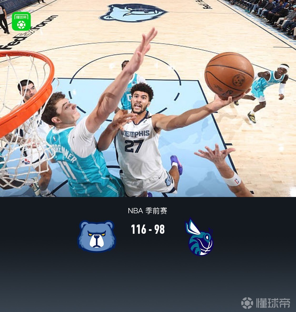 灰熊116-98大胜黄蜂，布泽尔19+7+3，米勒15分