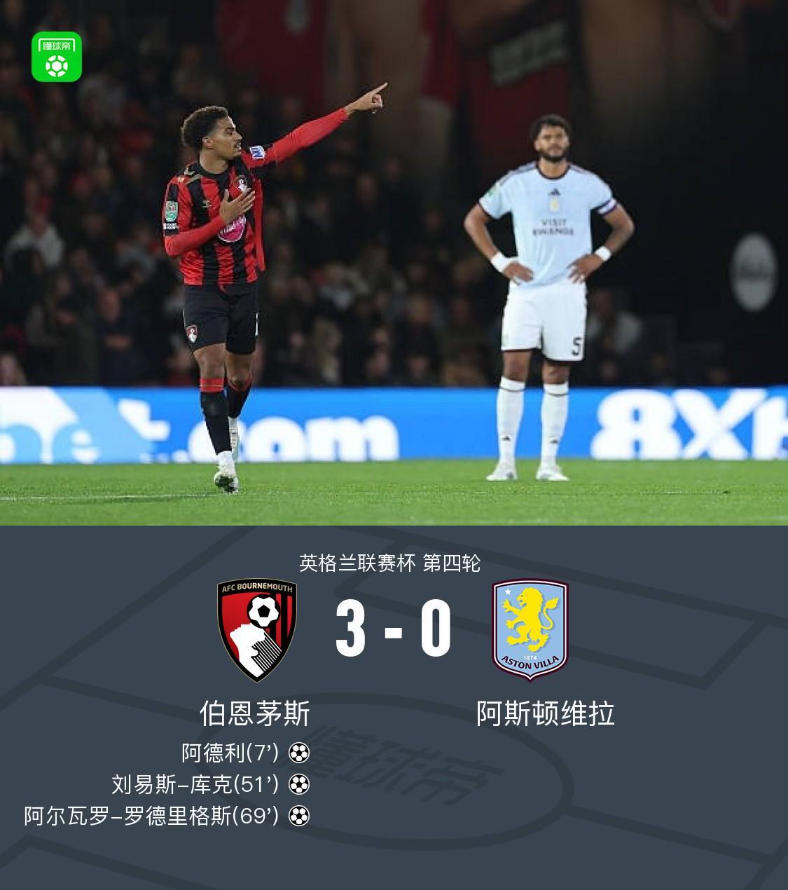 英联杯伯恩茅斯3-0维拉晋级下一轮，阿德利、库克破门