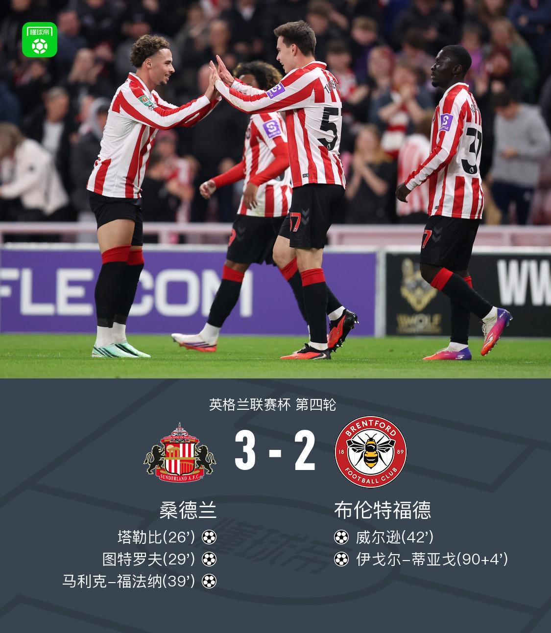 桑德兰3-2布伦特福德，福法纳建功，塔勒比、图特罗夫破门