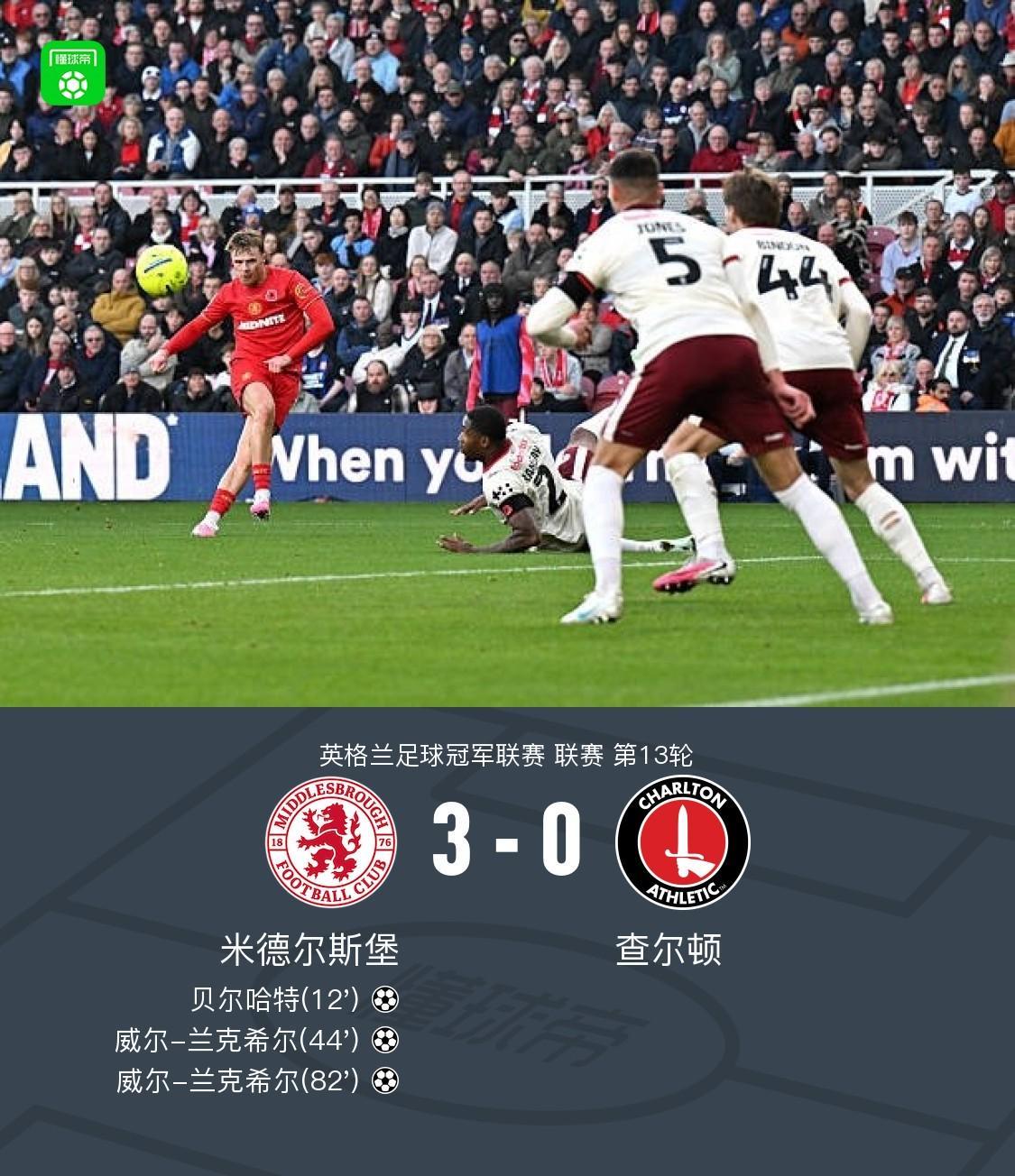 米德尔斯堡3-0查尔顿，威尔-兰克希尔两球，贝尔哈特传射