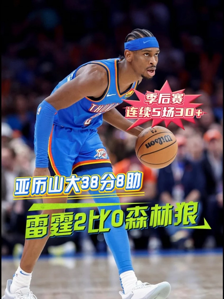 雷霆2比0森林狼 亚历山大38+8，季后赛连续5场30+得分，队史首人！